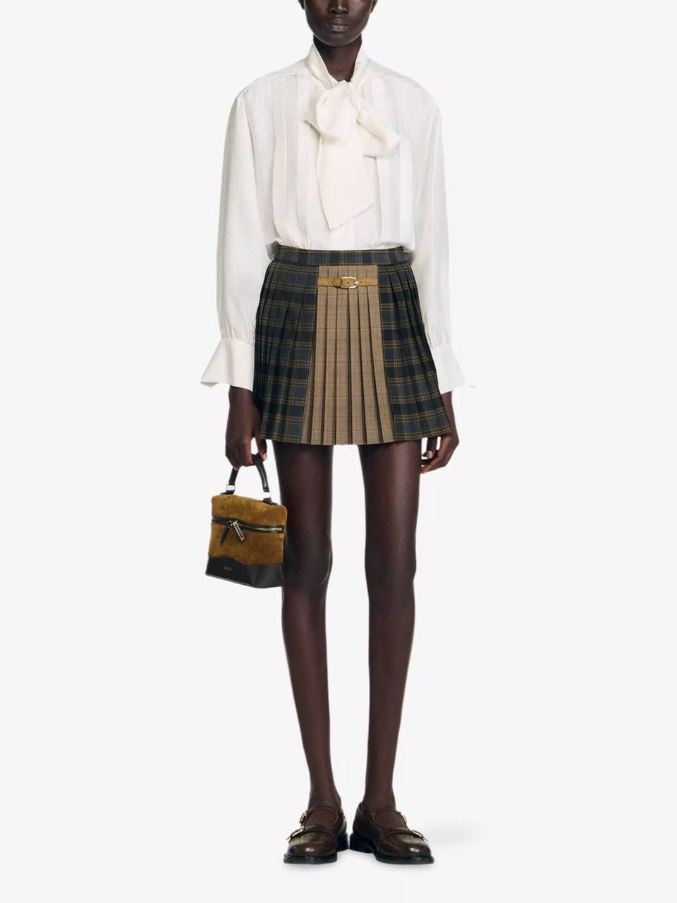 SD Oliviana Checked Pleated Woven Buckle Mini Skirt