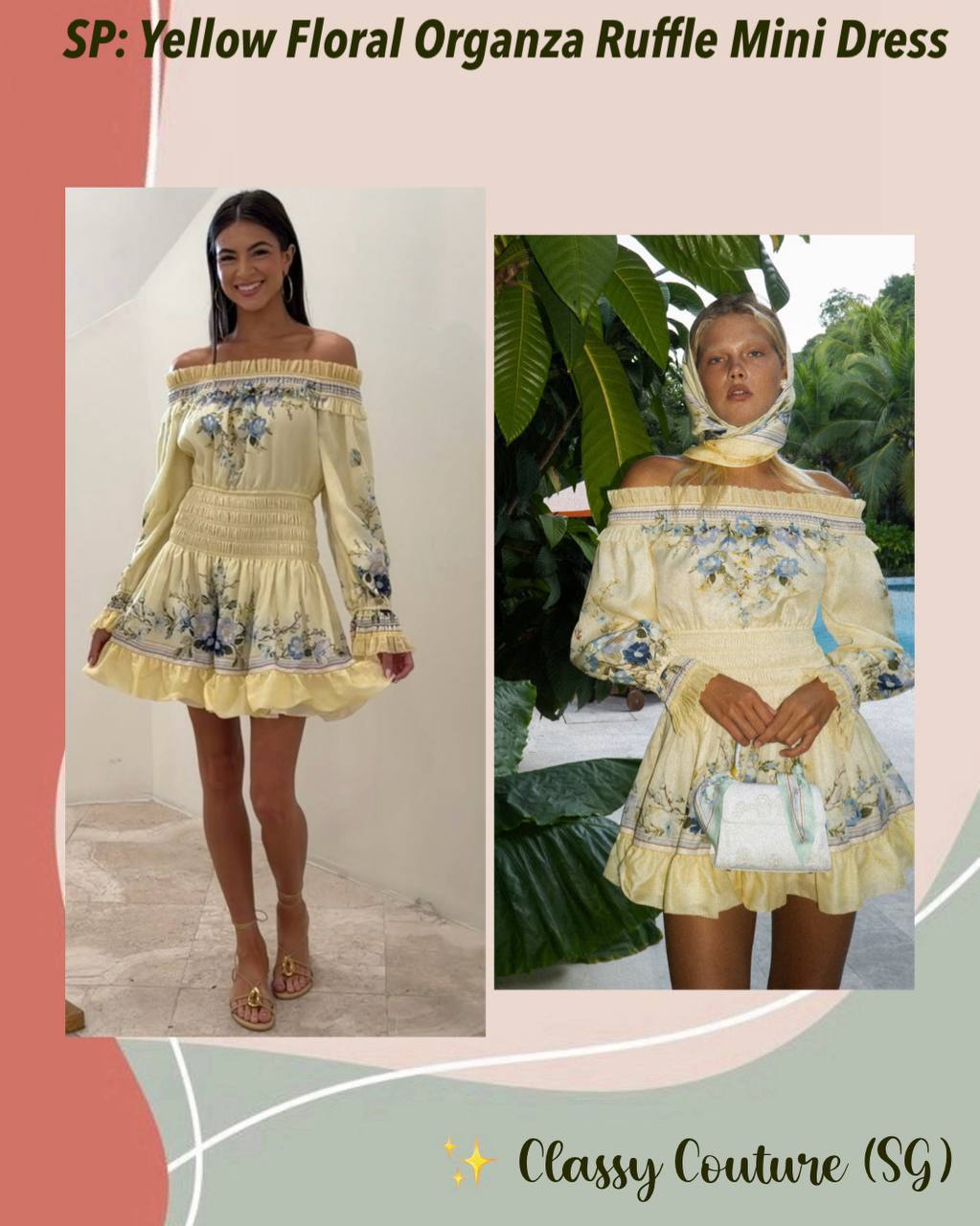 SP Yellow Floral Cotton-Silk Organza Ruffle Off-Shoulder Mini Dress