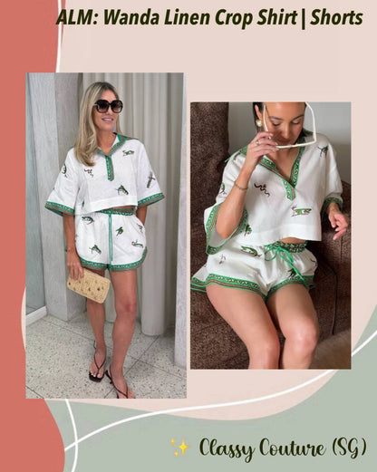 ALM001 Green/White Abstract Embroidered Fish Contrast Linen Crop Shirt | Shorts | Set