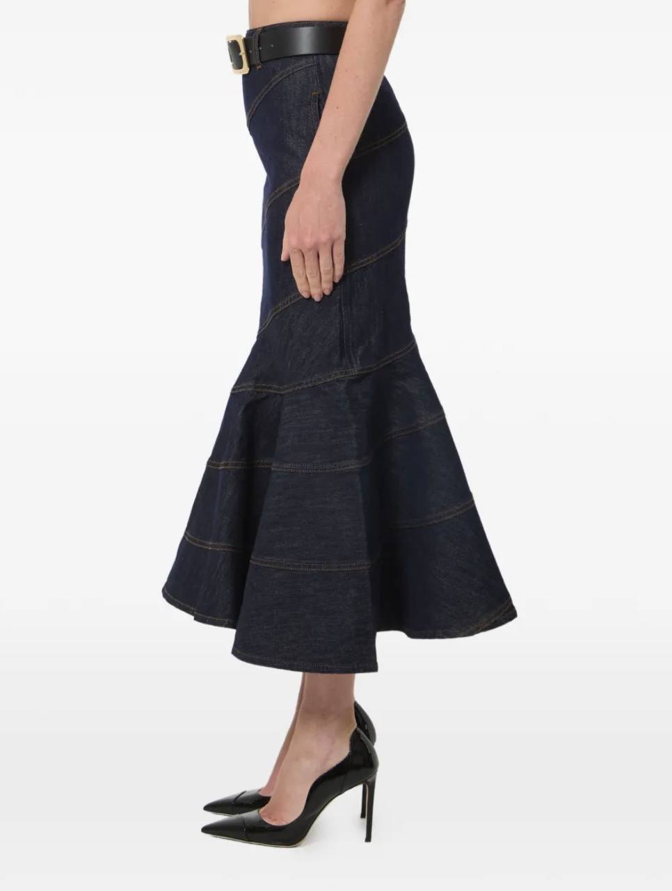 SP Indigo Denim Belted Midi Skirt