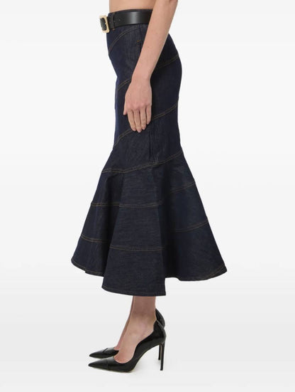 SP Indigo Denim Belted Midi Skirt