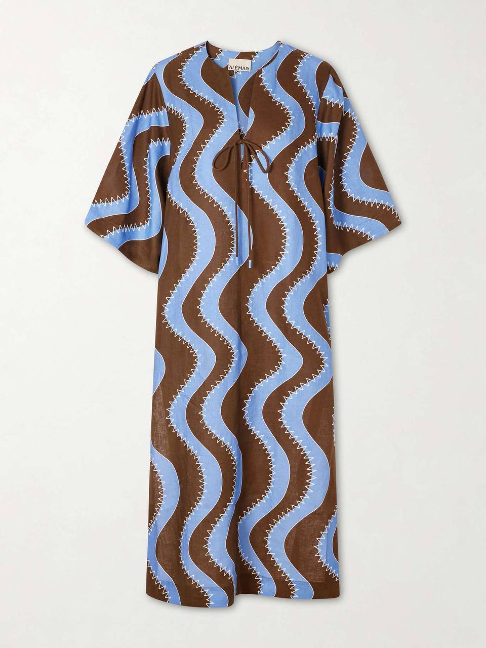 ALM019 Bold Brown/Blue Wave Stitch Tunic Shift Linen Midi Dress