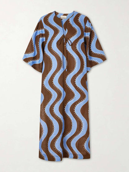 ALM019 Bold Brown/Blue Wave Stitch Tunic Shift Linen Midi Dress