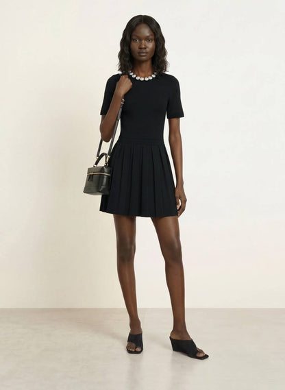 Black Short Sleeve Beaded Flowers Flared Viscose-blend Mini Dress