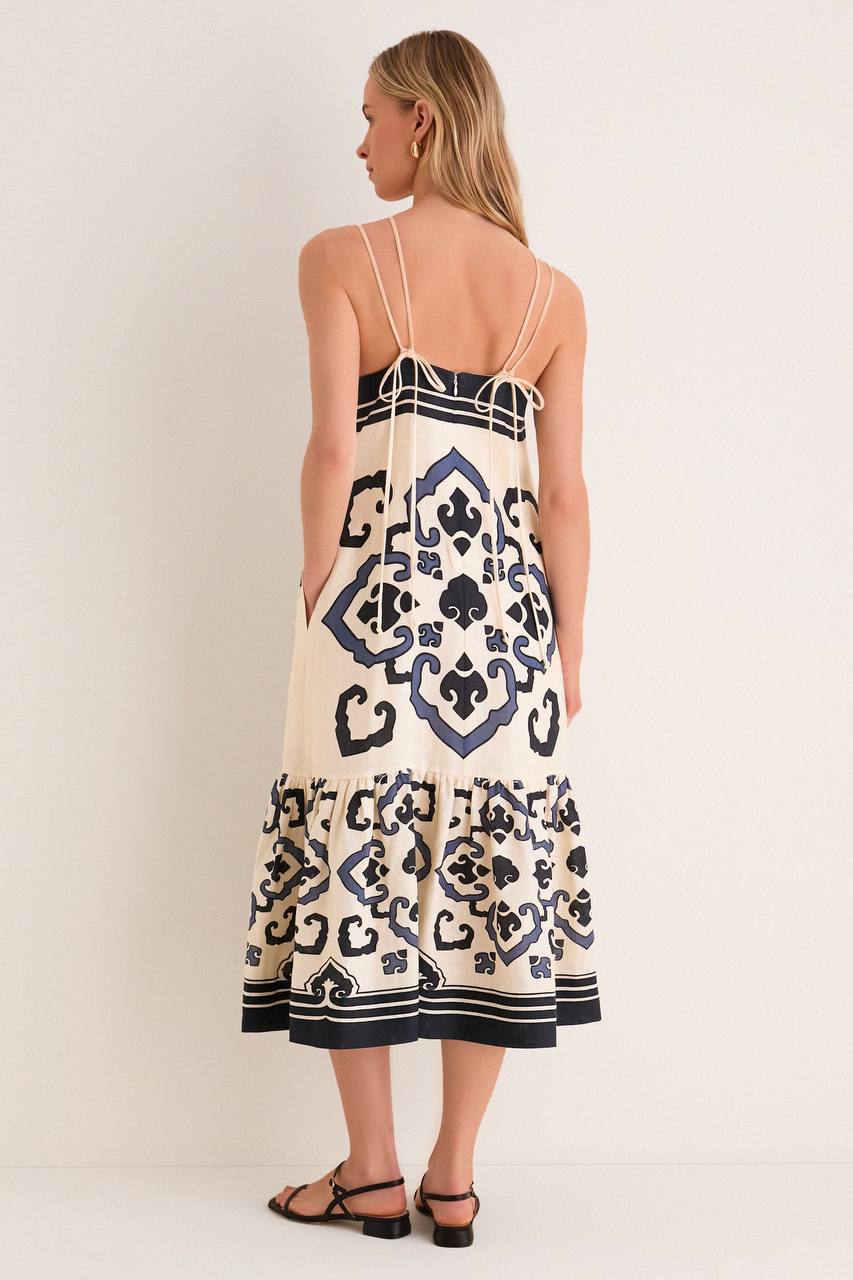 SE Blaise Linen Print Spaghetti Strap Dress