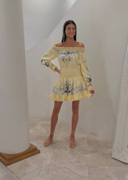 SP Yellow Floral Cotton-Silk Organza Ruffle Off-Shoulder Mini Dress
