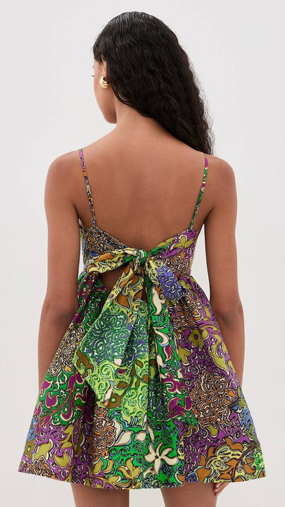 ALM020 Floral Patchwork Party Cotton-silk Babydoll Mini Dress