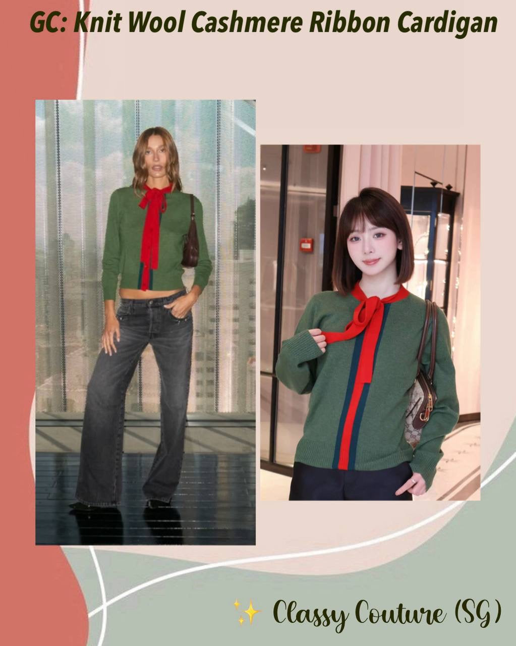 GC Green Knit Wool Cashmere w Red Ribbon Cardigan