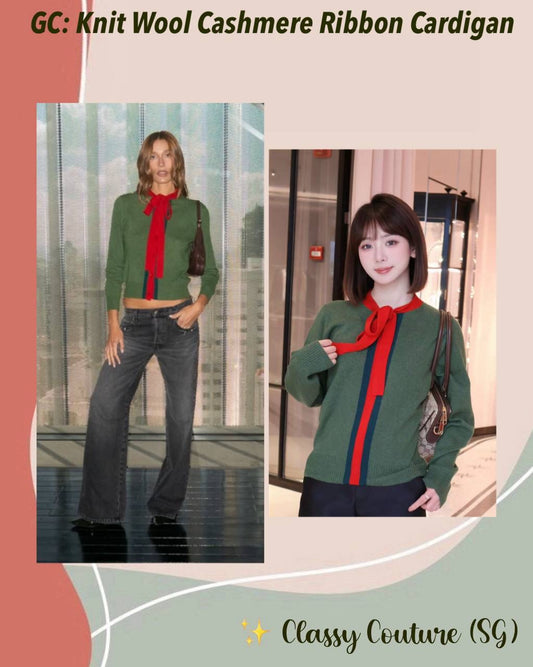 GC Green Knit Wool Cashmere w Red Ribbon Cardigan