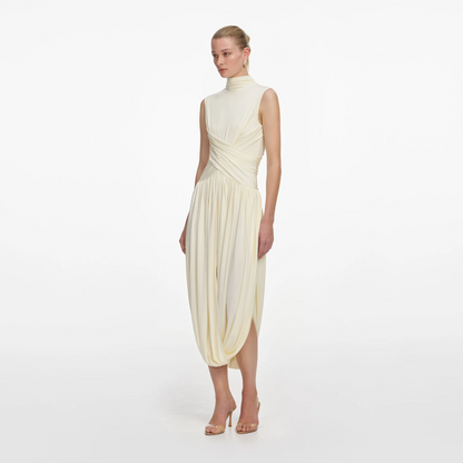 SP Yellow Sleeveless Wrap | Blue Short Sleeve Gathered Viscose-blend Jersey Midi Dress