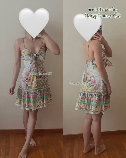 CM Tie Front Bow-Detail Floral Cotton Mini Dress With Hem Ruffle