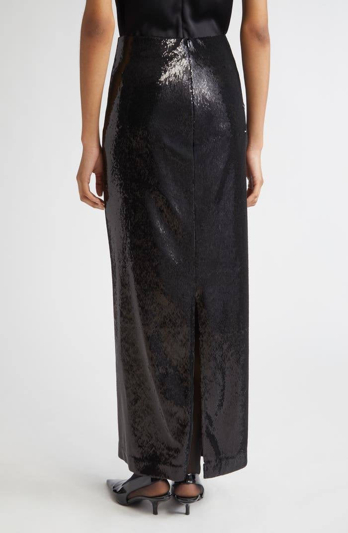 TOT Sequin Curved Sequin Tank | Long Sleeve Shirt | Low-waist Column Midi Skirt | Set
