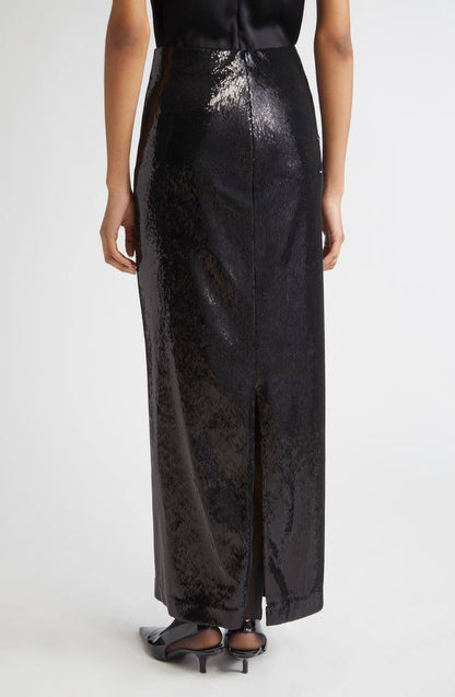 TOT Sequin Curved Sequin Tank | Long Sleeve Shirt | Low-waist Column Midi Skirt | Set