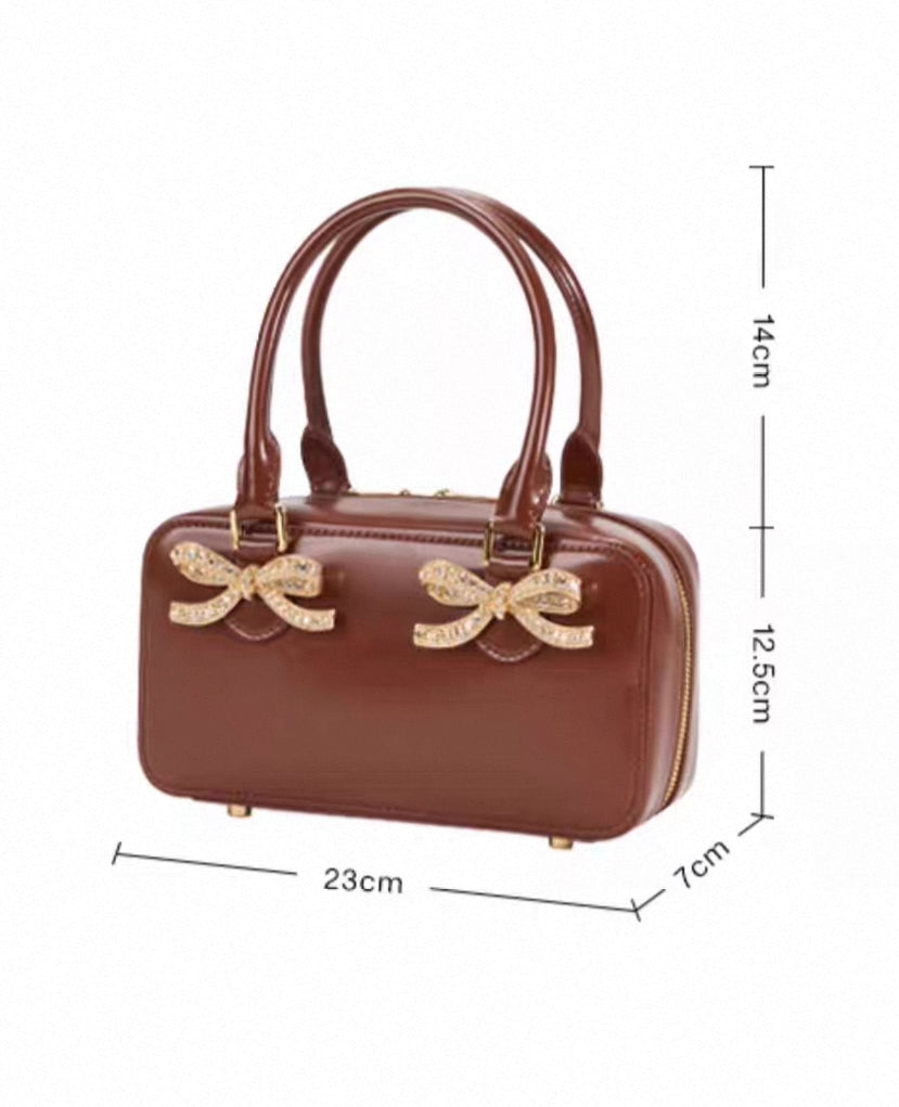 SP Brown Patent Leather Bow-embellished Mini Tote Bag Handbag