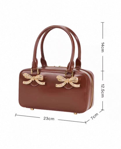 SP Brown Patent Leather Bow-embellished Mini Tote Bag Handbag