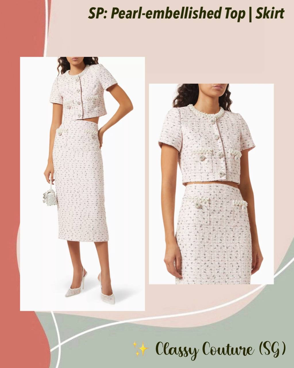 SP Pink Boucle Pearl Crop Top | Midi Skirt | Set