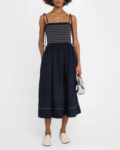 VB Kaela Smocked Cotton Tie Strap Midi Dress