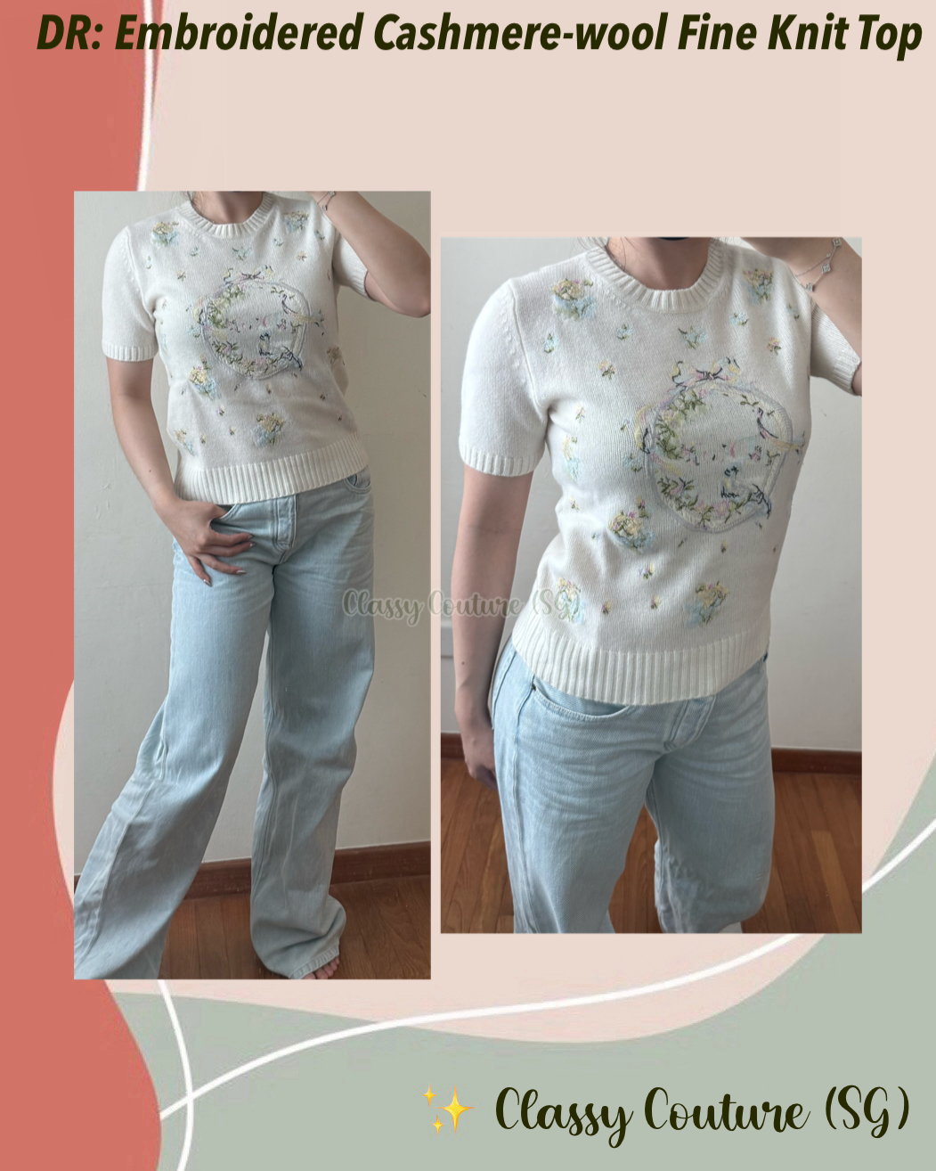 DR Cream Short-Sleeved Floral Embroidered Cashmere-wool Fine Knit Sweater Top