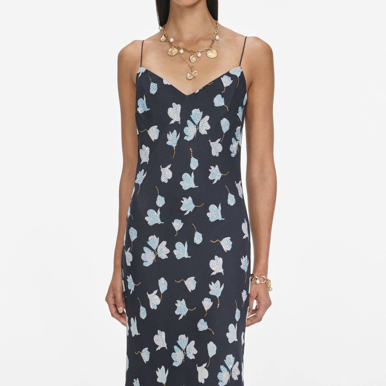 SP Navy Floral Rhinestone Strappy Midi & Maxi Dress