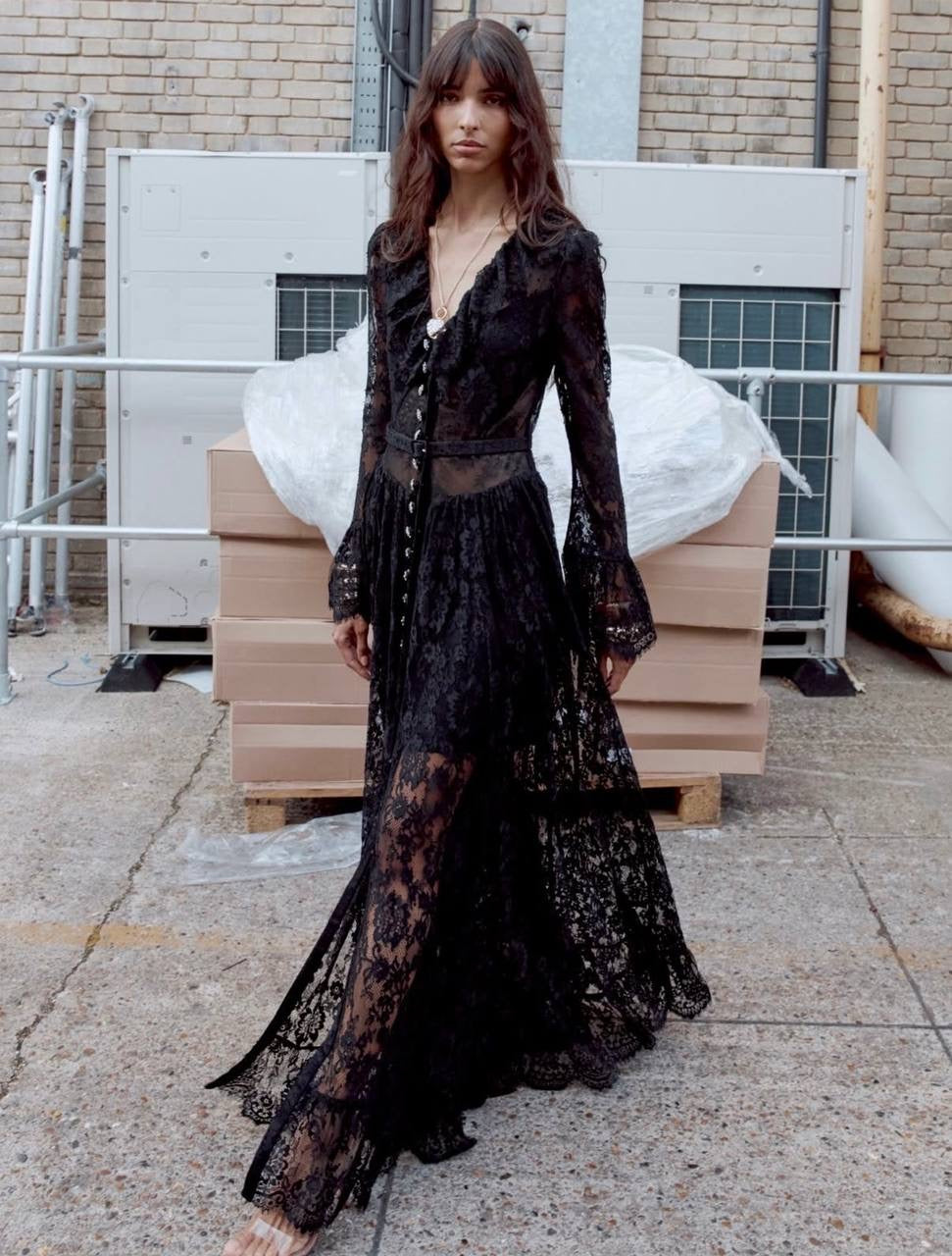 SP Black Lace Ruffle Sheer Maxi Dress