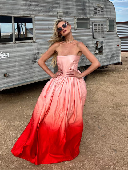 SAU Teigen Blush Red Ombre Strapless Gown Maxi Dress