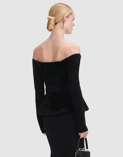 SP Black Chenille Knit Crystal-Trim Off Shoulder Peplum Midi Maxi Dress