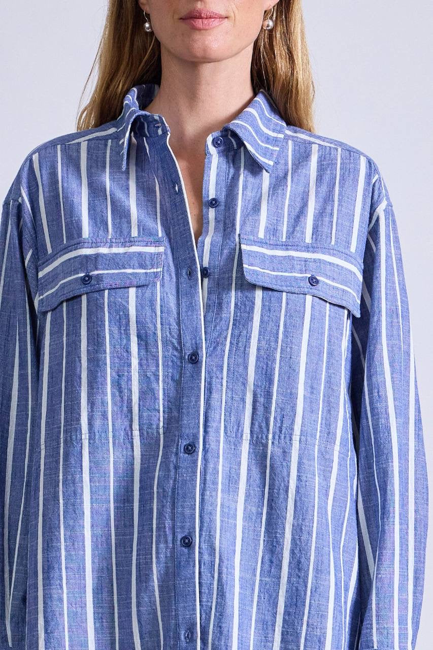 AA Flowe Pocket Button Up Shirt | Trail Shorts | De Vera Wrap Skirt | Striped Cotton Chambray Blue Set