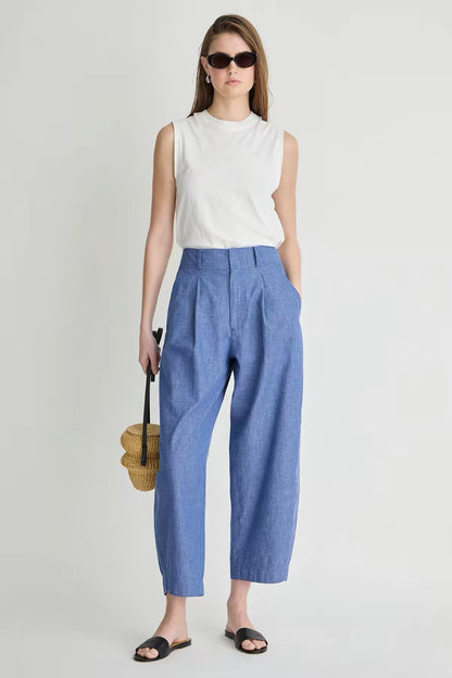 AA Godet Crop Tank Top | Bari Shorts/Crop Trousers | Elan Palazzo Pant | Chambray Blue Cotton-linen Set