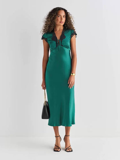 2 Colors! RX Amari Viscose Satin Lace-Trim Midi Dress