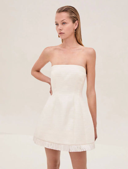SALE! ALX Clea Strapless Fringe-trim Cotton-blend Mini Dress