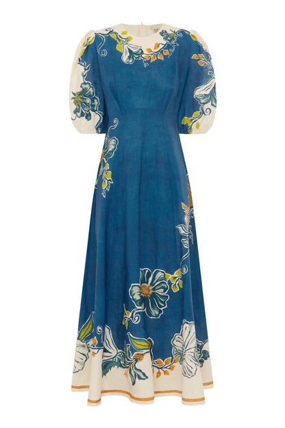 ALM Luda Floral Puff Sleeve Linen Midi Dress