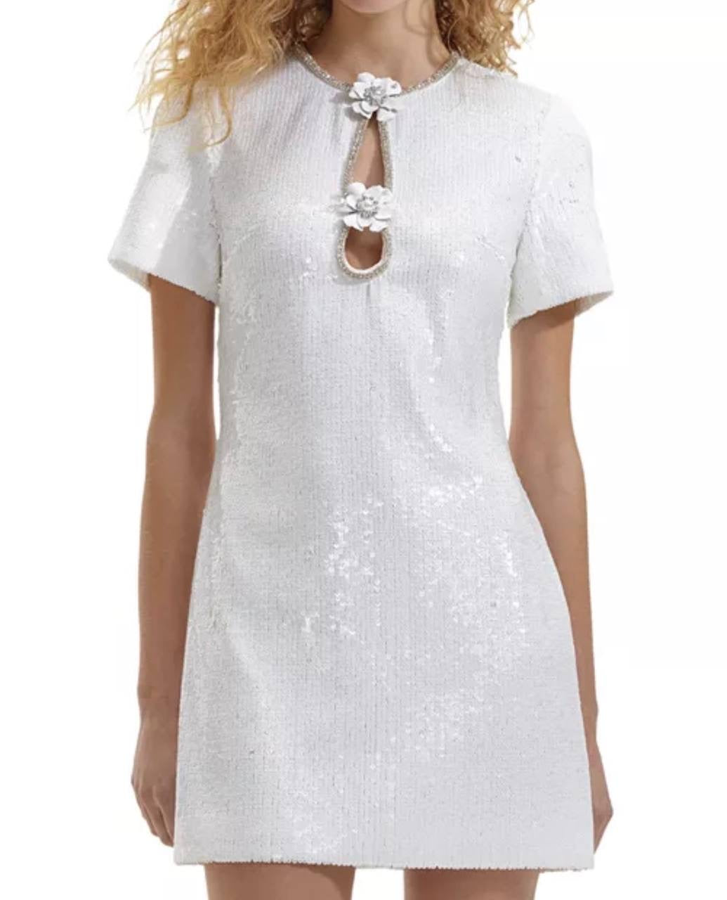 SALE! SP Jisoo White Sequin Embellished Floral Broach Keyhole Mini Dress
