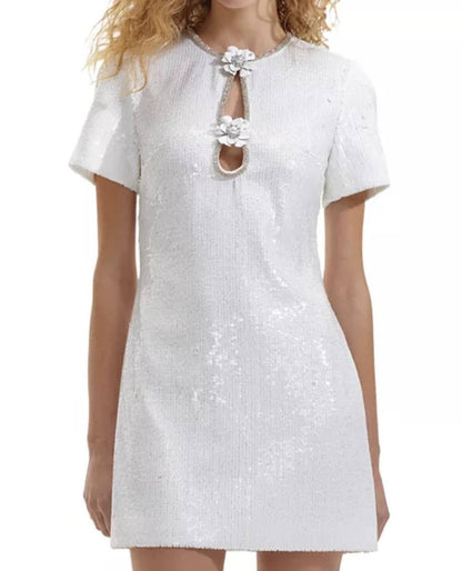 SALE! SP Jisoo White Sequin Embellished Floral Broach Keyhole Mini Dress