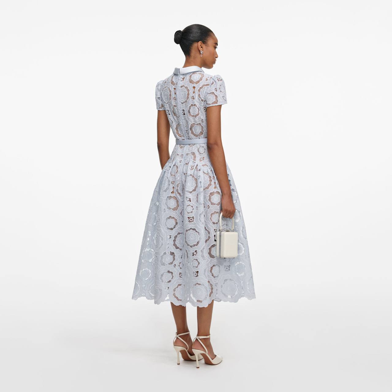 SP Blue Lace Floral Satin Collar Midi Dress