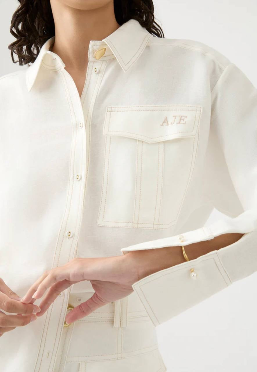 AJ Satori Pearl Pin Shirt | Long Sleeve Linen-blend Top