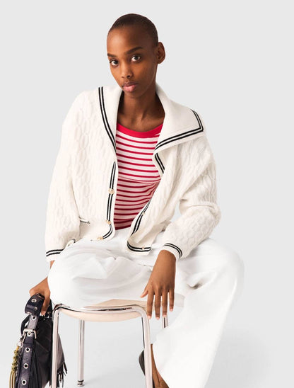 MJ Mirayalo Wool Cable-Knit Sailor Boat Neck Cardigan