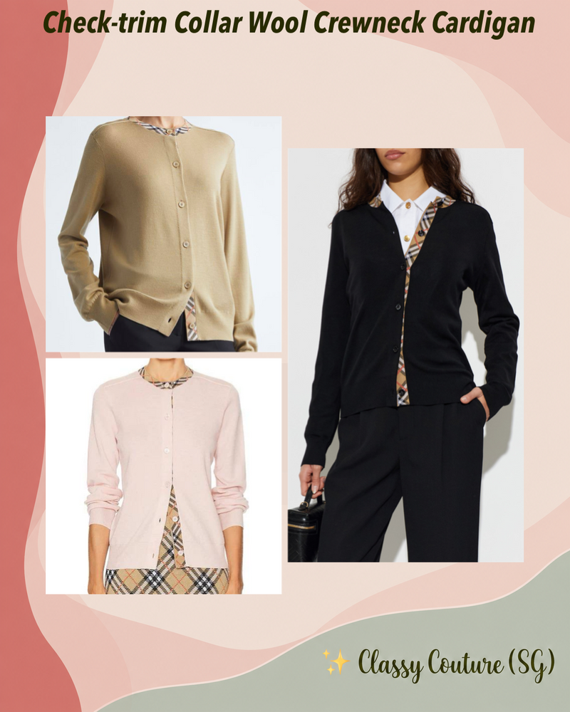 Check-trim Collar Wool Crewneck Cardigan
