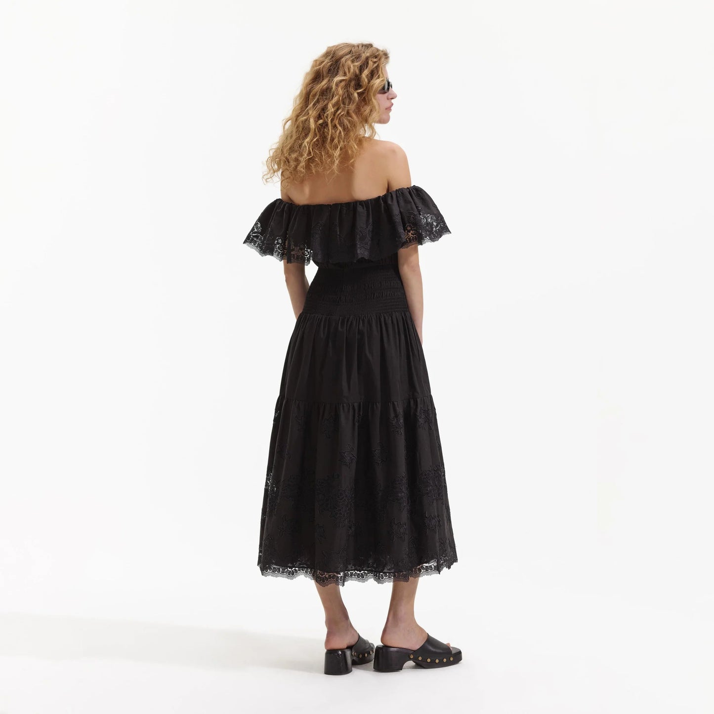 SP Black Cotton Off Shoulder Lace Midi Dress