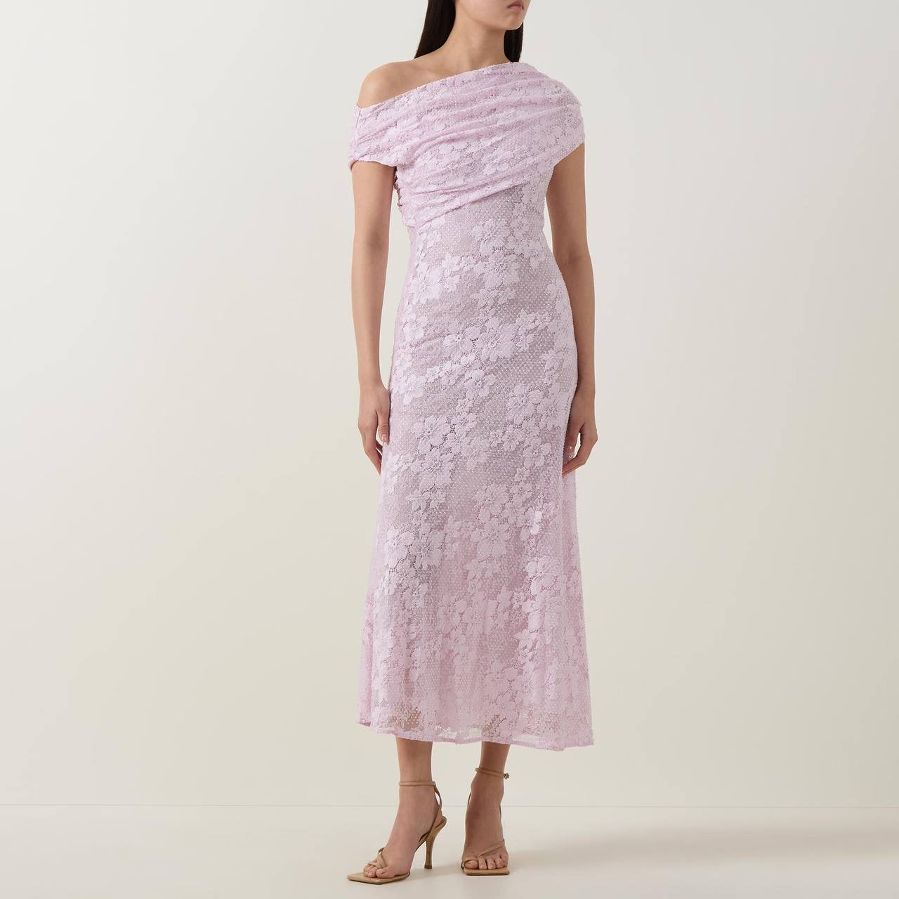 SP Pink Rhinestone Floral Lace Off Shoulder Midi Dress