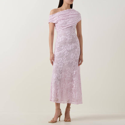 SP Pink Rhinestone Floral Lace Off Shoulder Midi Dress