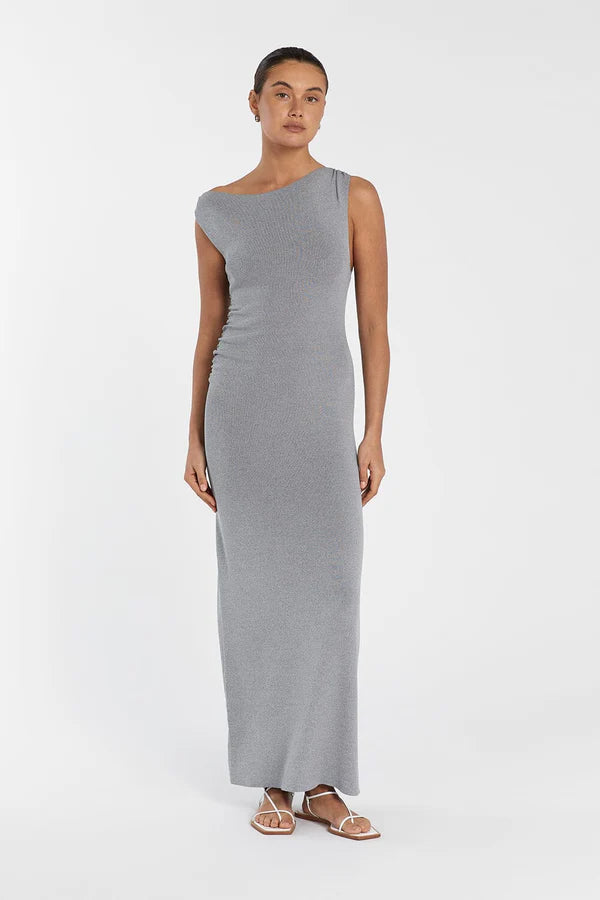 DSH Poppy Asym Midi Maxi Dress Viscose-Nylon Knit in Bitter Choc & Marle Grey