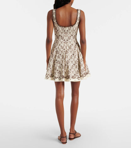 ALM Printed Linen-Cotton Mini Dress in Cream/Brown