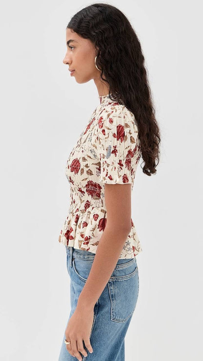 Ref Aggie Puff-Sleeve Smocked Peplum Top
