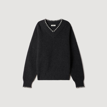 Grey Braided V-Neck Wool-blend Jumper Sweater