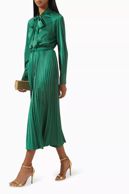 SP Green Satin Pussybow Pleated Midi Dress
