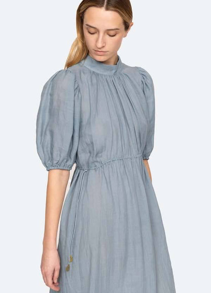 SE Anise S/S Short-Sleeved Ramie Puff Midi Dress (with detachable cotton slip)