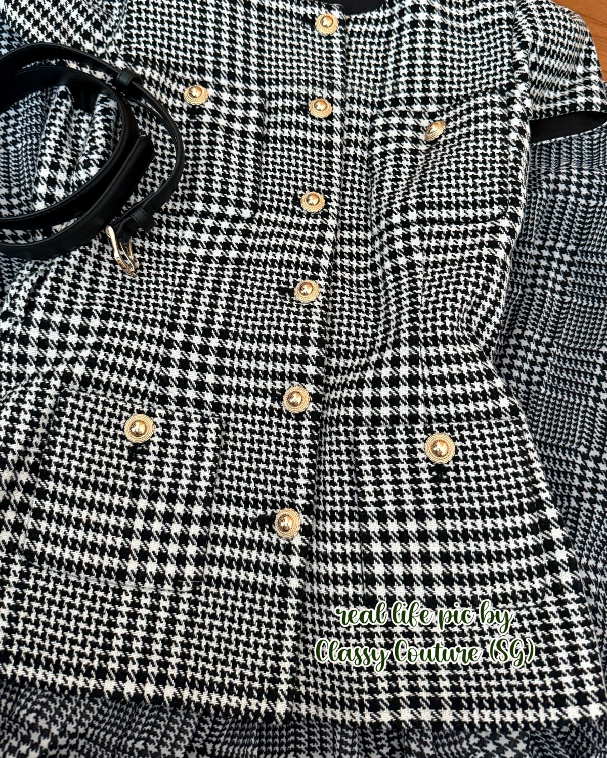 Grey Houndstooth Pleated Short Sleeve Tailored Midi Dress
