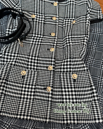 Grey Houndstooth Pleated Short Sleeve Tailored Midi Dress