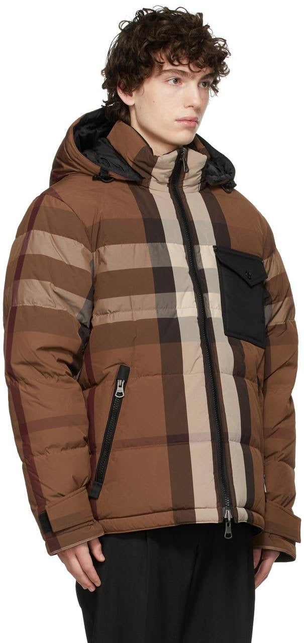 BBR Men’s / Unisex Reversible Check Nylon Puffer Hooded Jacket (Down feather-filled)