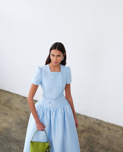 SP Blue Button Front Taffeta Midi Dress